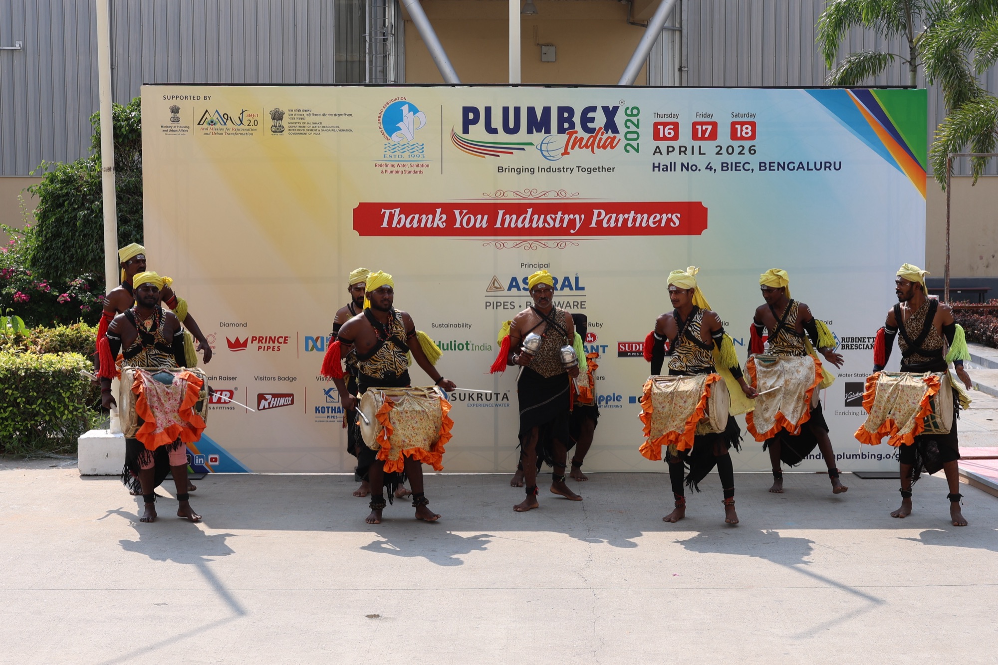 Traditional drummers performing at the PlumbexIndia welcome ceremony